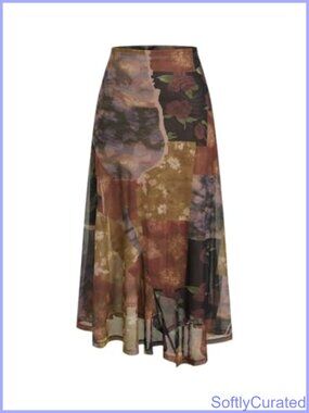Floral Mesh Maxi Skirt Asymmetrical High Low A-Line Fully Lined